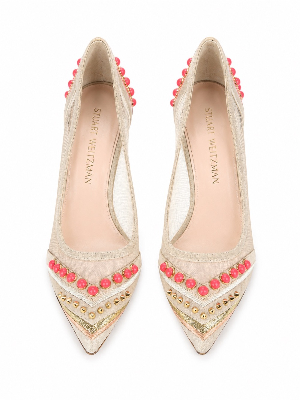 Stuart Weitzman Mesh Studded Pumps Coral Pink Embellished Pointed Toe Heels 36EU - Picture 3 of 9